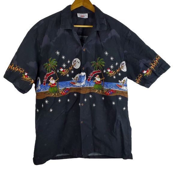 Pacific Legend Santa Surfing Elf Christmas Hawaiian Black Button Shirt XL - Picture 1 of 4